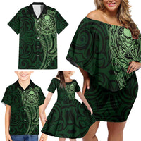 New Zealand Skull Darts Family Matching Off Shoulder Short Dress and Hawaiian Shirt Aotearoa Maori Chest Tattoo Stylized Green LT14 - Polynesian Pride