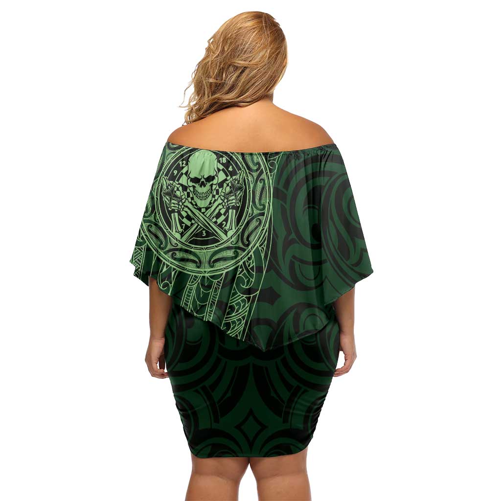 New Zealand Skull Darts Family Matching Off Shoulder Short Dress and Hawaiian Shirt Aotearoa Maori Chest Tattoo Stylized Green LT14 - Polynesian Pride
