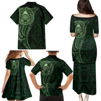 New Zealand Skull Darts Family Matching Puletasi and Hawaiian Shirt Aotearoa Maori Chest Tattoo Stylized Green - Polynesian Pride