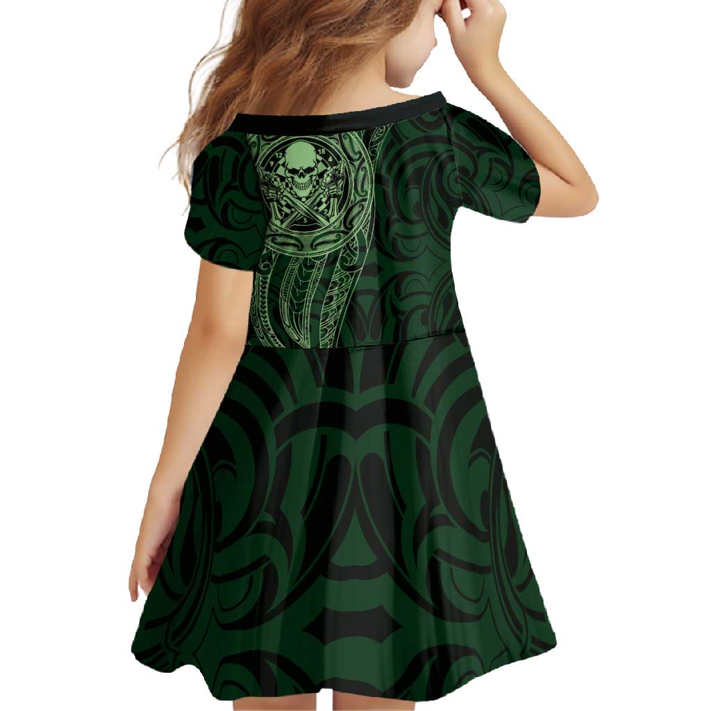 New Zealand Skull Darts Family Matching Short Sleeve Bodycon Dress and Hawaiian Shirt Aotearoa Maori Chest Tattoo Stylized Green LT14 - Polynesian Pride