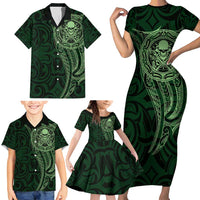 New Zealand Skull Darts Family Matching Short Sleeve Bodycon Dress and Hawaiian Shirt Aotearoa Maori Chest Tattoo Stylized Green LT14 - Polynesian Pride