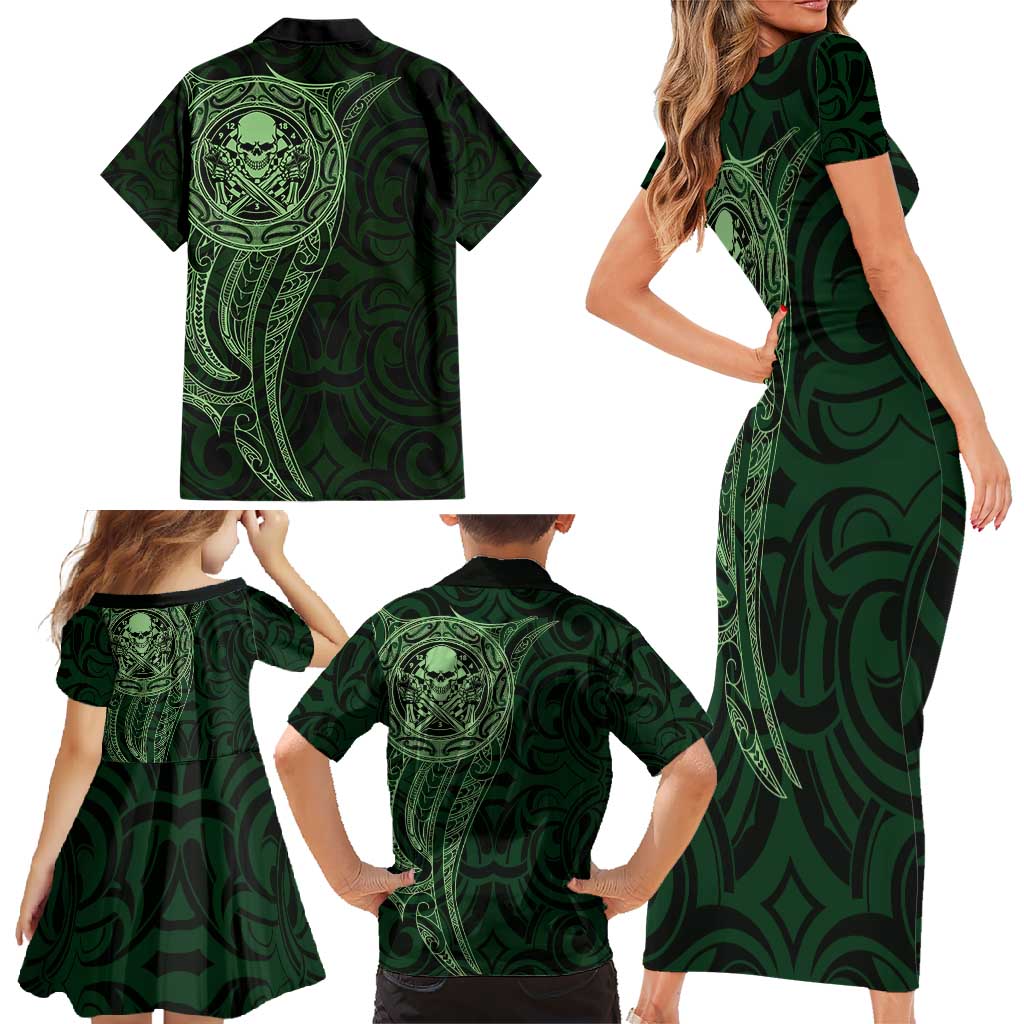 New Zealand Skull Darts Family Matching Short Sleeve Bodycon Dress and Hawaiian Shirt Aotearoa Maori Chest Tattoo Stylized Green LT14 - Polynesian Pride