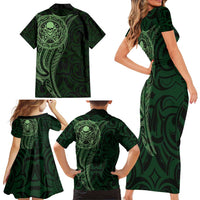 New Zealand Skull Darts Family Matching Short Sleeve Bodycon Dress and Hawaiian Shirt Aotearoa Maori Chest Tattoo Stylized Green LT14 - Polynesian Pride