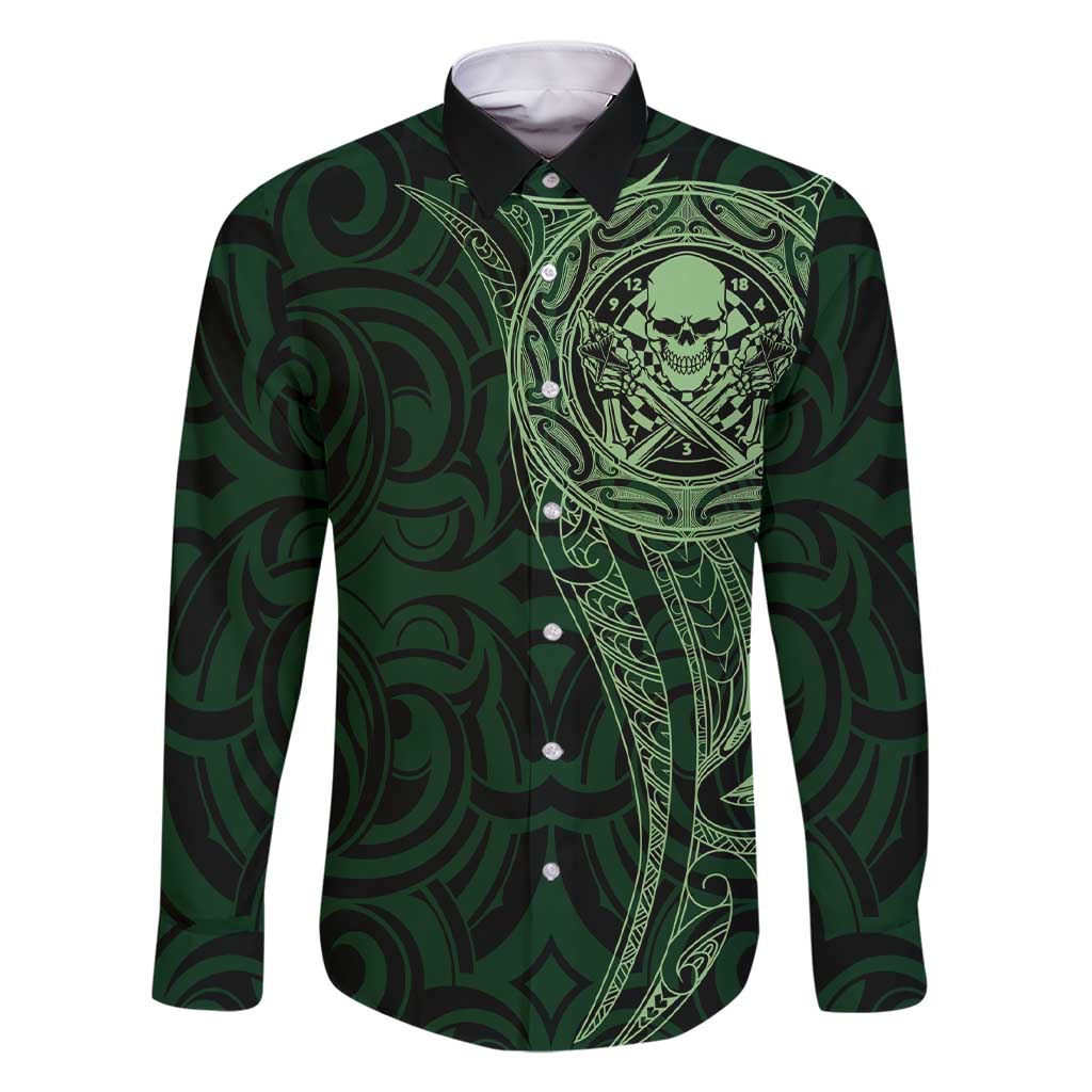 New Zealand Skull Darts Family Matching Short Sleeve Bodycon Dress and Hawaiian Shirt Aotearoa Maori Chest Tattoo Stylized Green LT14 Dad's Shirt - Long Sleeve Green - Polynesian Pride
