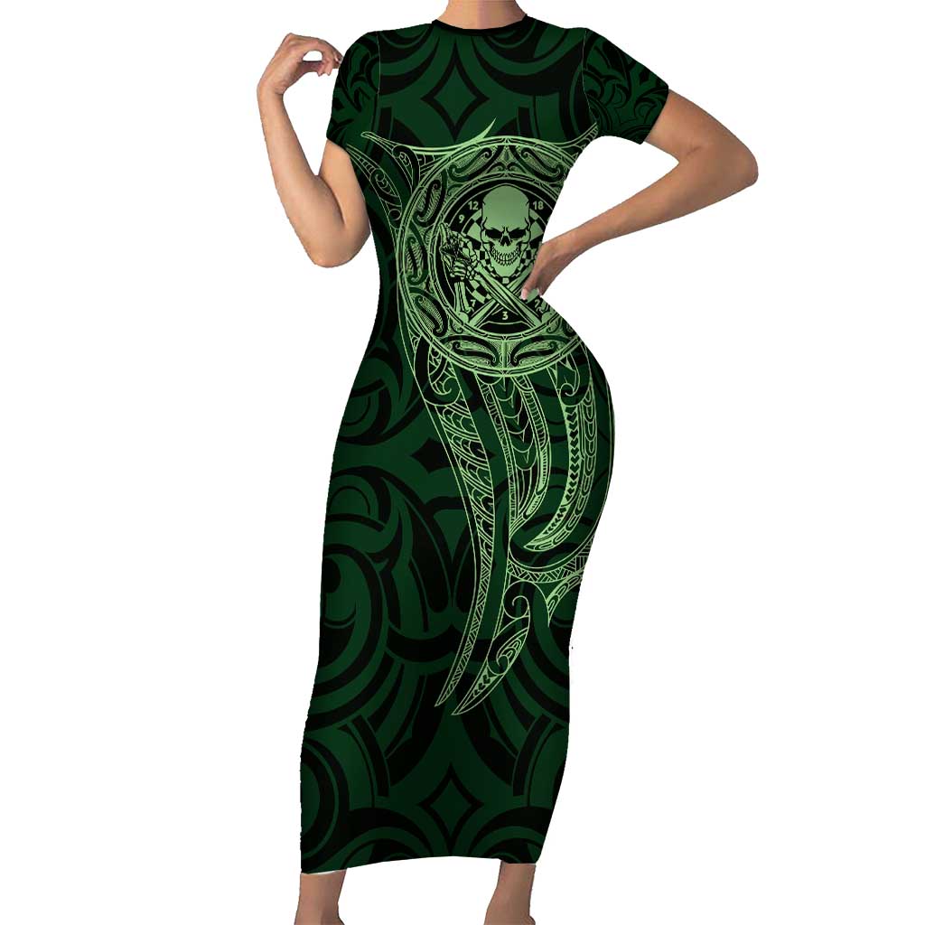 New Zealand Skull Darts Family Matching Short Sleeve Bodycon Dress and Hawaiian Shirt Aotearoa Maori Chest Tattoo Stylized Green LT14 Mom's Dress Green - Polynesian Pride