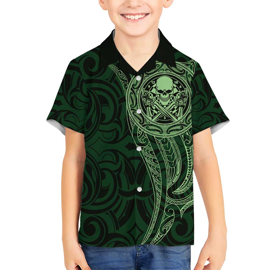 New Zealand Skull Darts Family Matching Short Sleeve Bodycon Dress and Hawaiian Shirt Aotearoa Maori Chest Tattoo Stylized Green LT14 Son's Shirt Green - Polynesian Pride