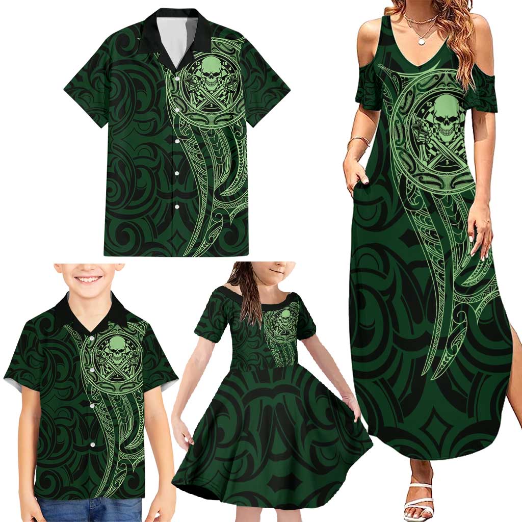 New Zealand Skull Darts Family Matching Summer Maxi Dress and Hawaiian Shirt Aotearoa Maori Chest Tattoo Stylized Green LT14 - Polynesian Pride