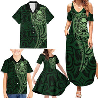 New Zealand Skull Darts Family Matching Summer Maxi Dress and Hawaiian Shirt Aotearoa Maori Chest Tattoo Stylized Green LT14 - Polynesian Pride