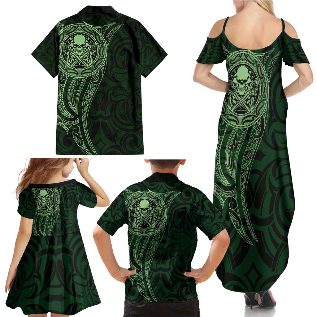 New Zealand Skull Darts Family Matching Summer Maxi Dress and Hawaiian Shirt Aotearoa Maori Chest Tattoo Stylized Green LT14 - Polynesian Pride