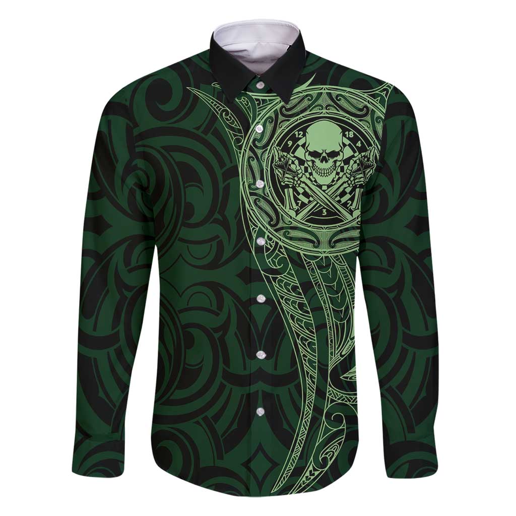 New Zealand Skull Darts Family Matching Summer Maxi Dress and Hawaiian Shirt Aotearoa Maori Chest Tattoo Stylized Green LT14 Dad's Shirt - Long Sleeve Green - Polynesian Pride