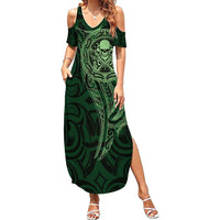 New Zealand Skull Darts Family Matching Summer Maxi Dress and Hawaiian Shirt Aotearoa Maori Chest Tattoo Stylized Green LT14 Mom's Dress Green - Polynesian Pride