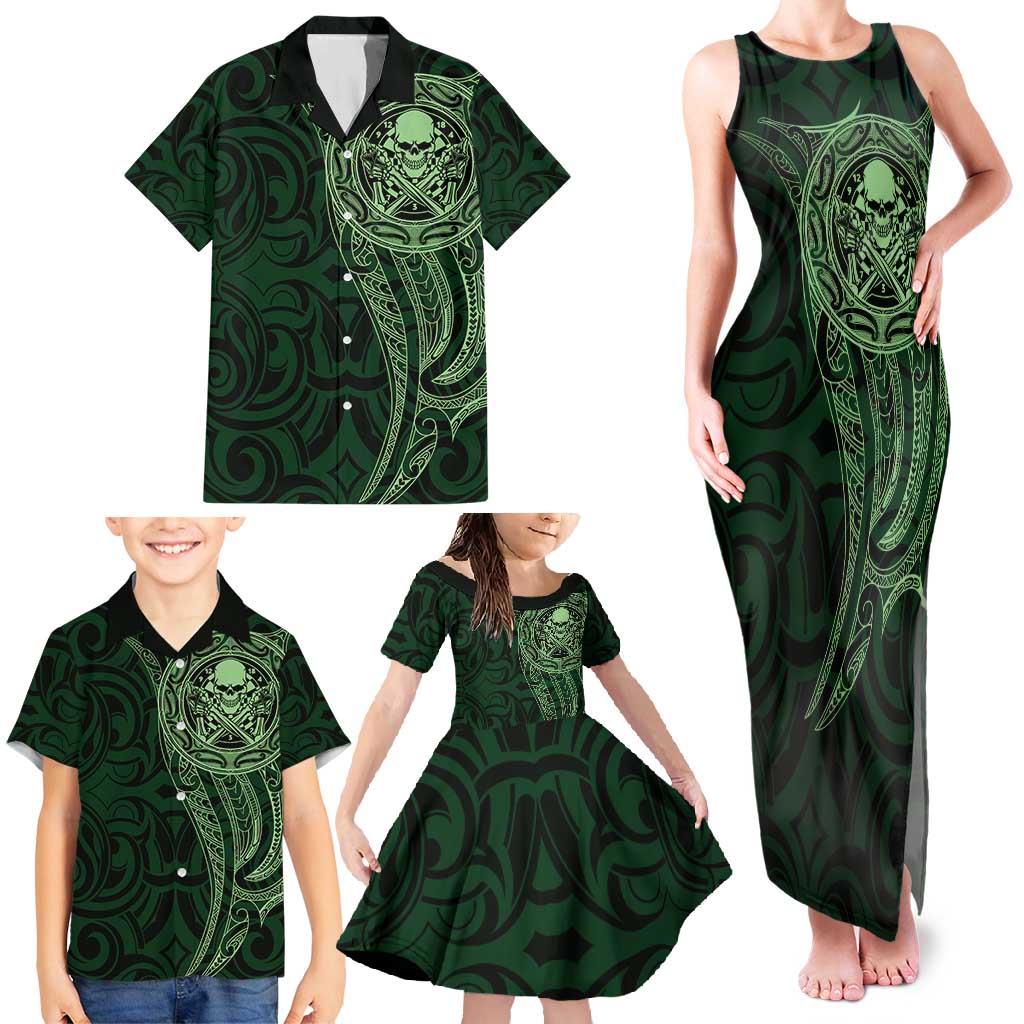 New Zealand Skull Darts Family Matching Tank Maxi Dress and Hawaiian Shirt Aotearoa Maori Chest Tattoo Stylized Green LT14 - Polynesian Pride