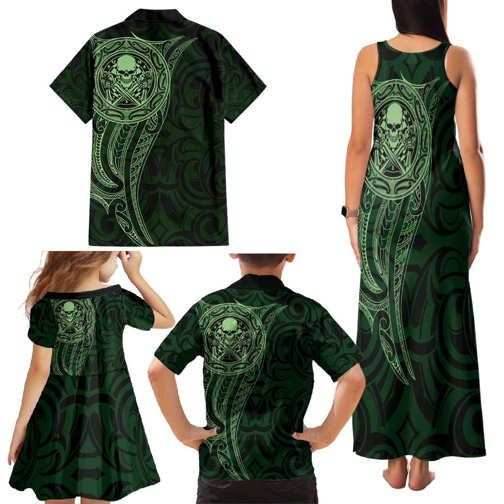New Zealand Skull Darts Family Matching Tank Maxi Dress and Hawaiian Shirt Aotearoa Maori Chest Tattoo Stylized Green LT14 - Polynesian Pride