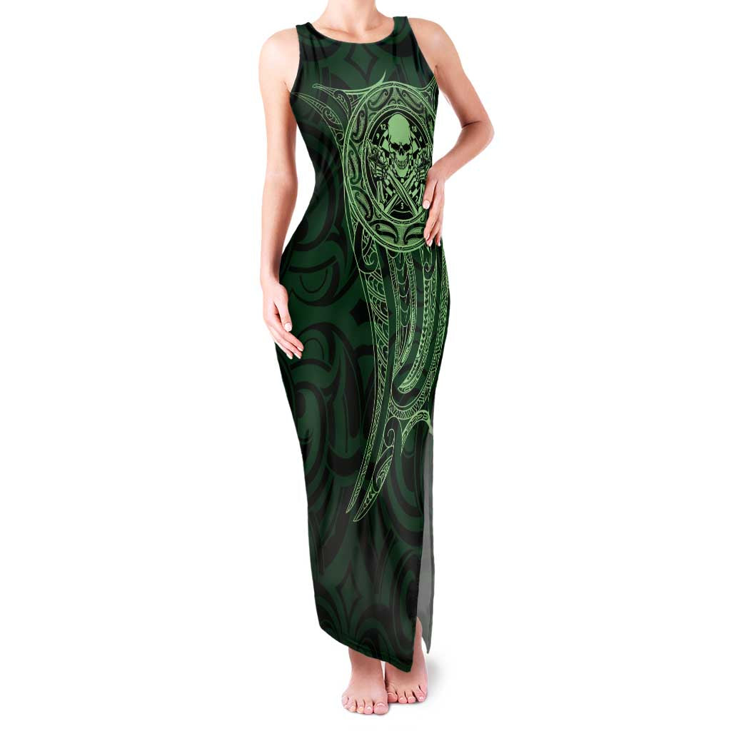 New Zealand Skull Darts Family Matching Tank Maxi Dress and Hawaiian Shirt Aotearoa Maori Chest Tattoo Stylized Green LT14 Mom's Dress Green - Polynesian Pride