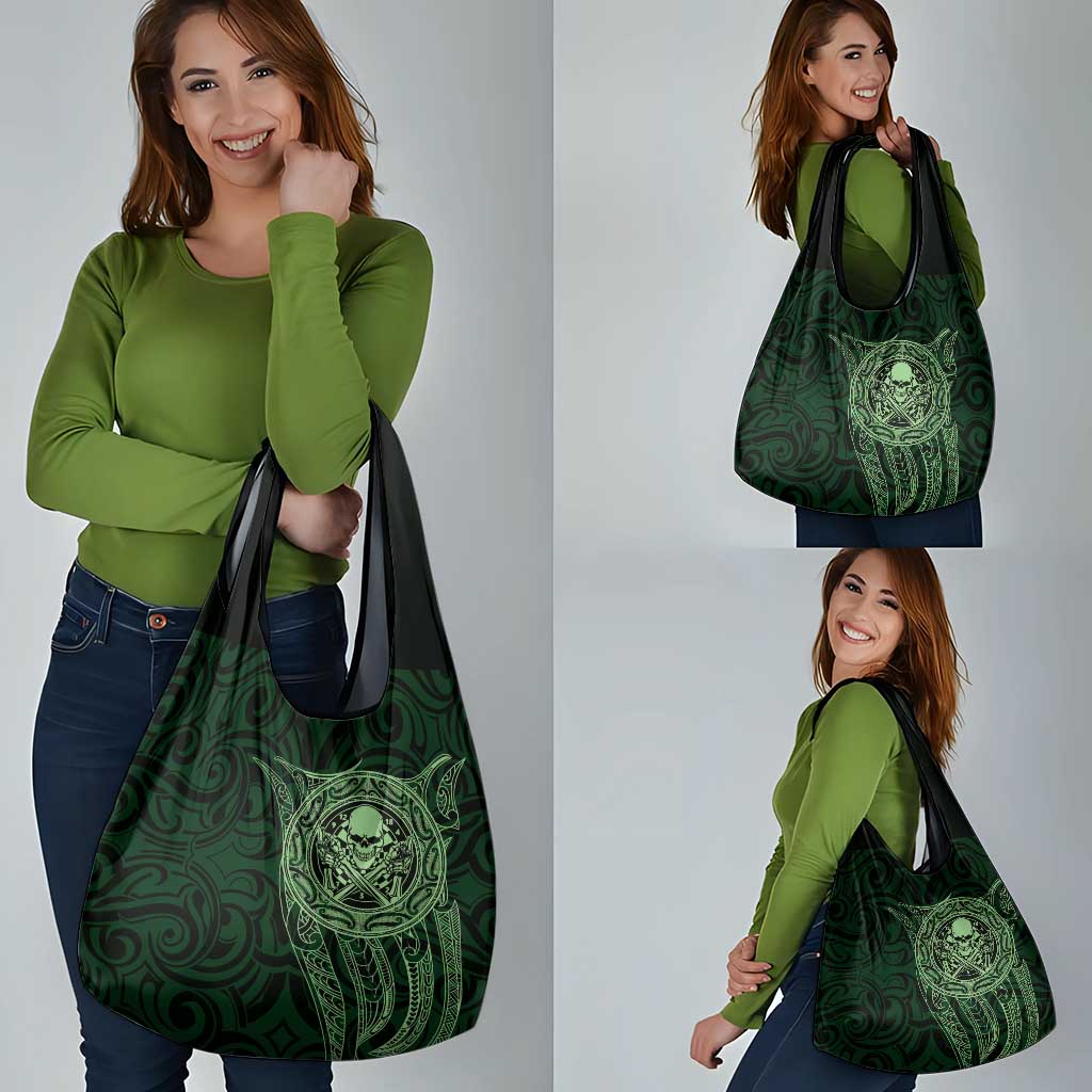 New Zealand Skull Darts Grocery Bag Aotearoa Maori Chest Tattoo Stylized Green - Polynesian Pride