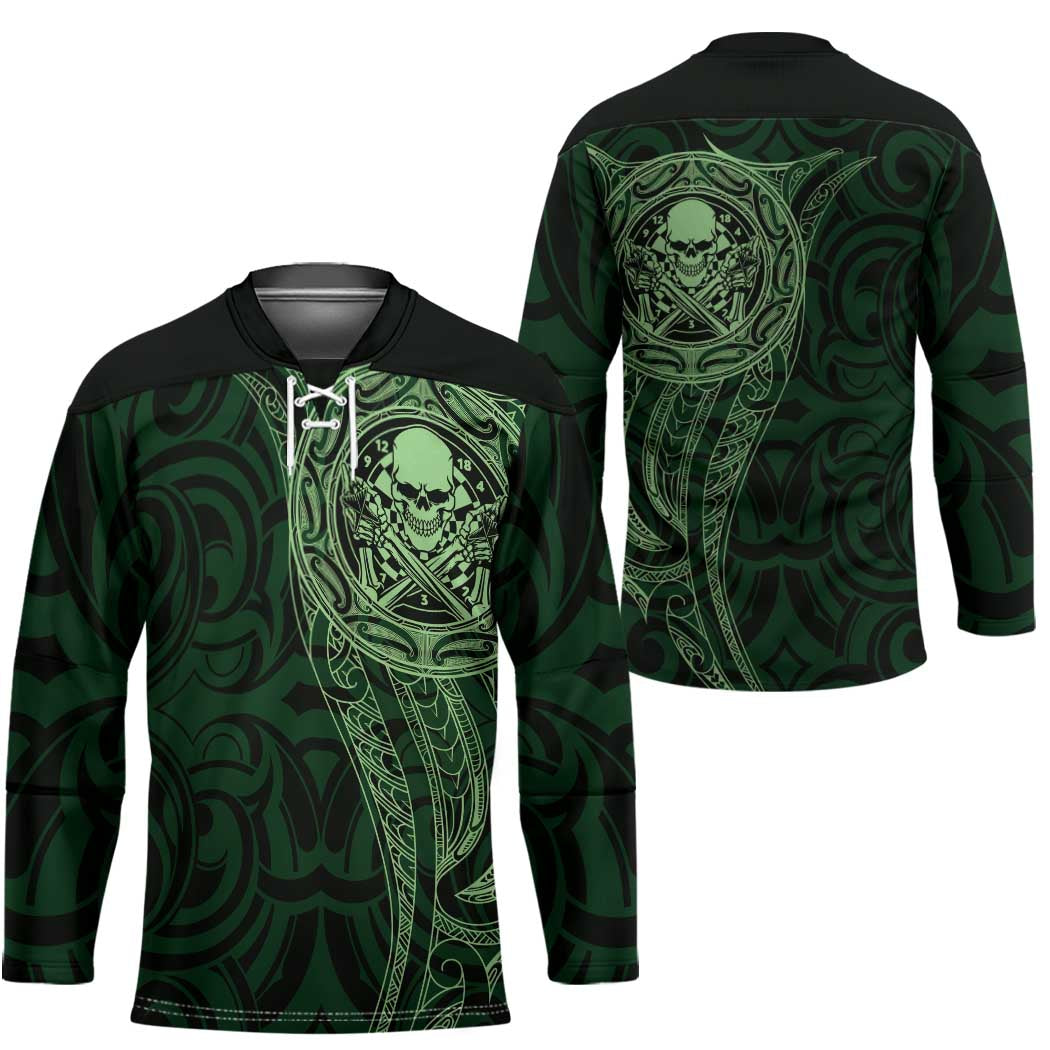 New Zealand Skull Darts Hockey Jersey Aotearoa Maori Chest Tattoo Stylized Green - Polynesian Pride