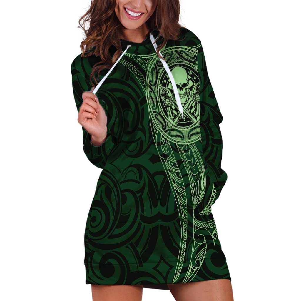 New Zealand Skull Darts Hoodie Dress Aotearoa Maori Chest Tattoo Stylized Green LT14 Green - Polynesian Pride