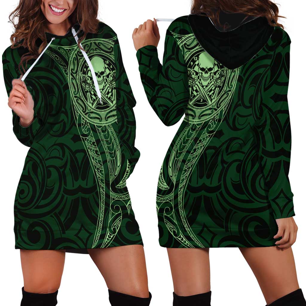 New Zealand Skull Darts Hoodie Dress Aotearoa Maori Chest Tattoo Stylized Green LT14 - Polynesian Pride