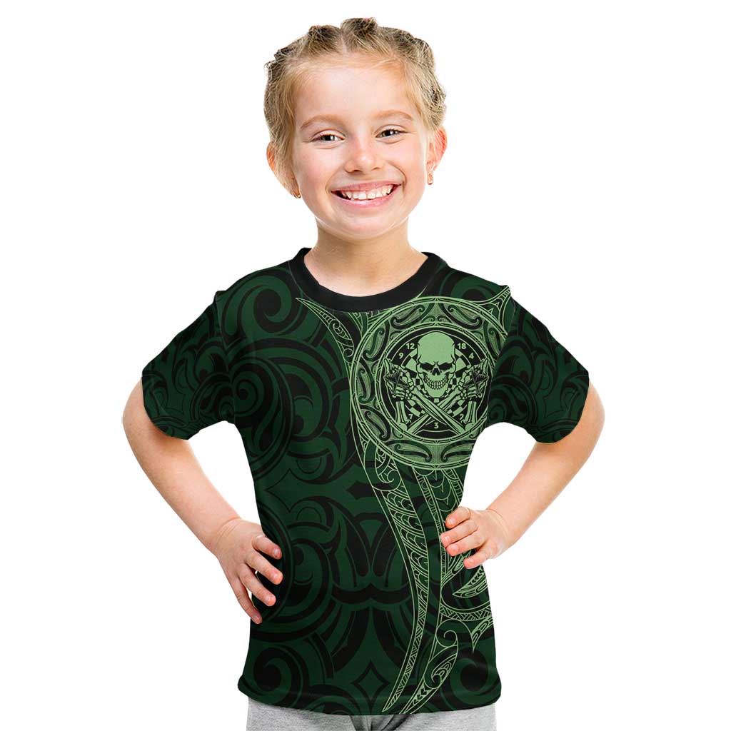 New Zealand Skull Darts Kid T Shirt Aotearoa Maori Chest Tattoo Stylized Green - Polynesian Pride