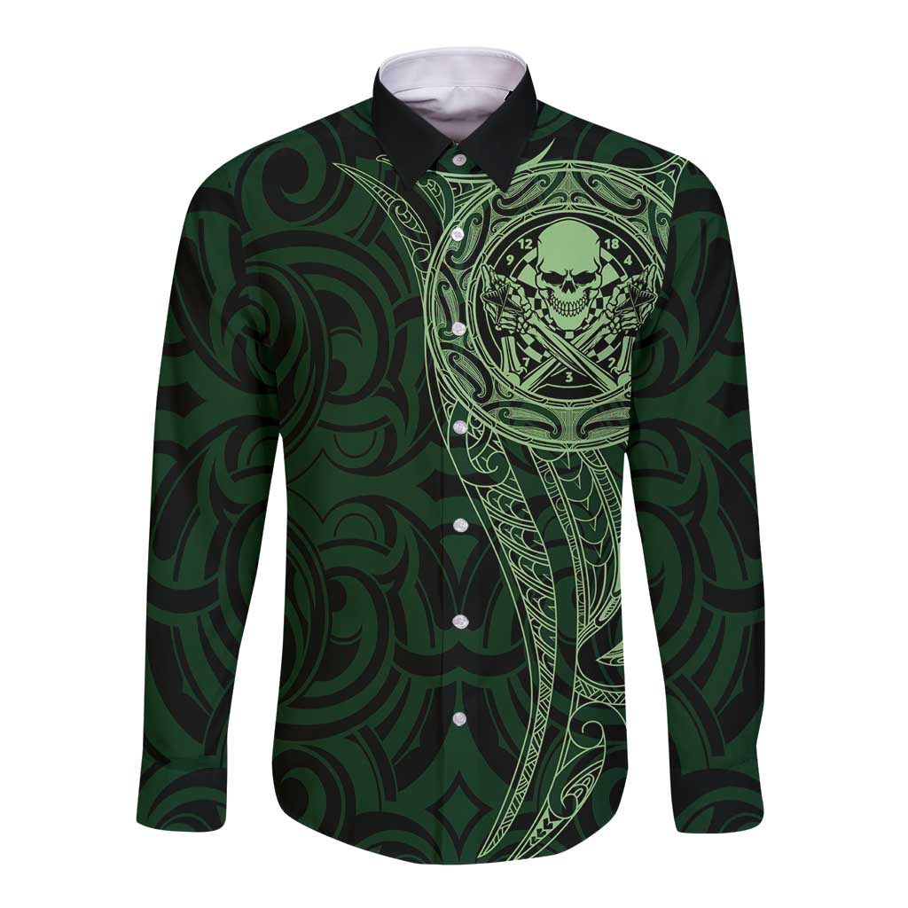 New Zealand Skull Darts Long Sleeve Button Shirt Aotearoa Maori Chest Tattoo Stylized Green - Polynesian Pride