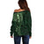 New Zealand Skull Darts Off Shoulder Sweater Aotearoa Maori Chest Tattoo Stylized Green - Polynesian Pride