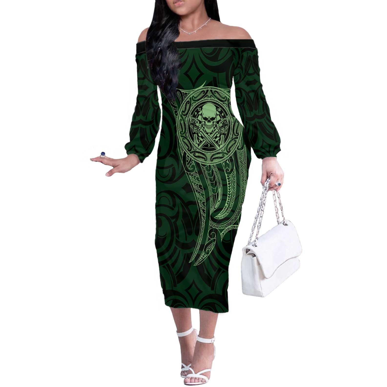 New Zealand Skull Darts Off The Shoulder Long Sleeve Dress Aotearoa Maori Chest Tattoo Stylized Green - Polynesian Pride