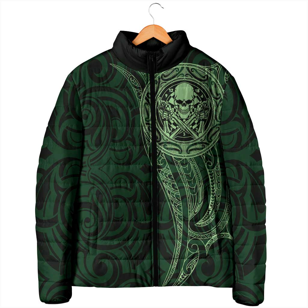 New Zealand Skull Darts Padded Jacket Aotearoa Maori Chest Tattoo Stylized Green - Polynesian Pride