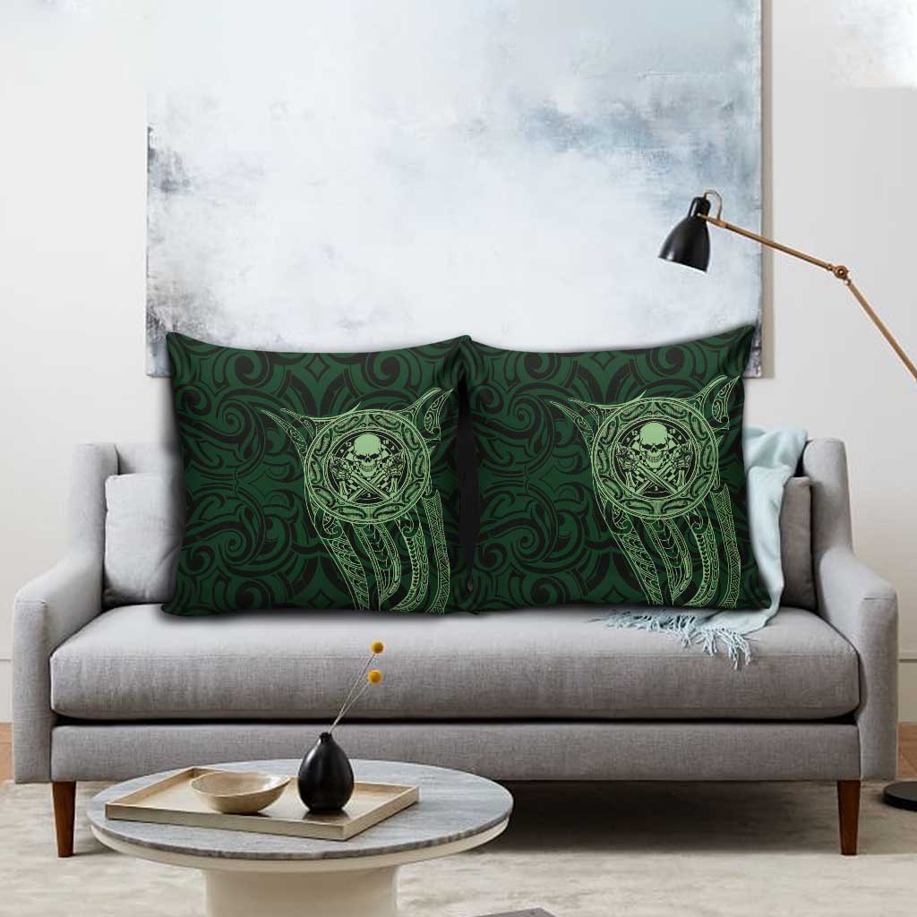 New Zealand Skull Darts Pillow Cover Aotearoa Maori Chest Tattoo Stylized Green - Polynesian Pride