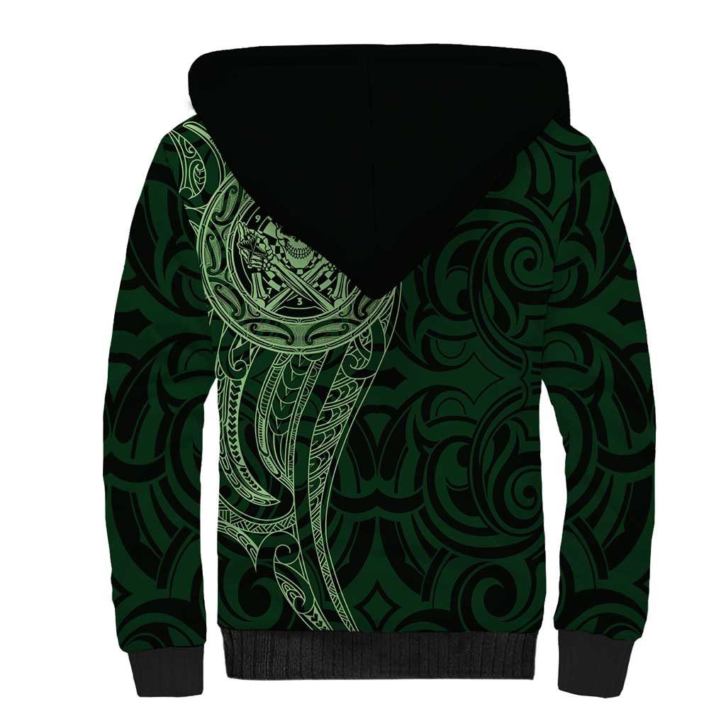 New Zealand Skull Darts Sherpa Hoodie Aotearoa Maori Chest Tattoo Stylized Green - Polynesian Pride