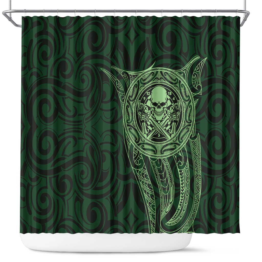 New Zealand Skull Darts Shower Curtain Aotearoa Maori Chest Tattoo Stylized Green - Polynesian Pride