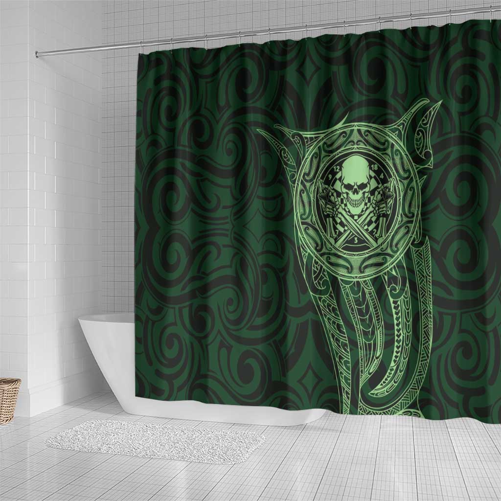 New Zealand Skull Darts Shower Curtain Aotearoa Maori Chest Tattoo Stylized Green - Polynesian Pride