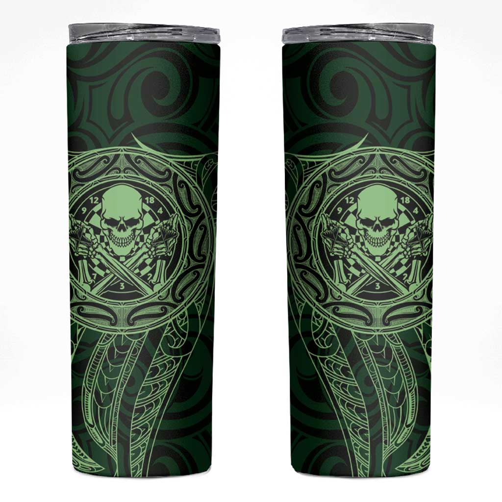 New Zealand Skull Darts Skinny Tumbler Aotearoa Maori Chest Tattoo Stylized Green LT14 Green - Polynesian Pride