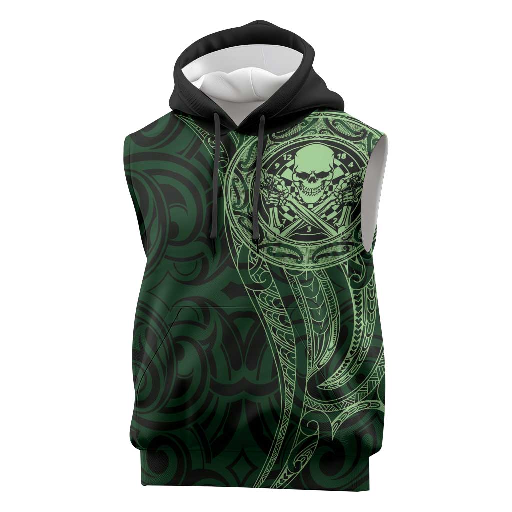 New Zealand Skull Darts Sleeveless Hoodie Aotearoa Maori Chest Tattoo Stylized Green - Polynesian Pride