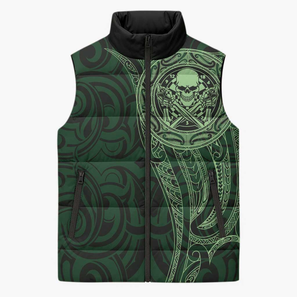 New Zealand Skull Darts Sleeveless Puffer Jacket Aotearoa Maori Chest Tattoo Stylized Green - Polynesian Pride