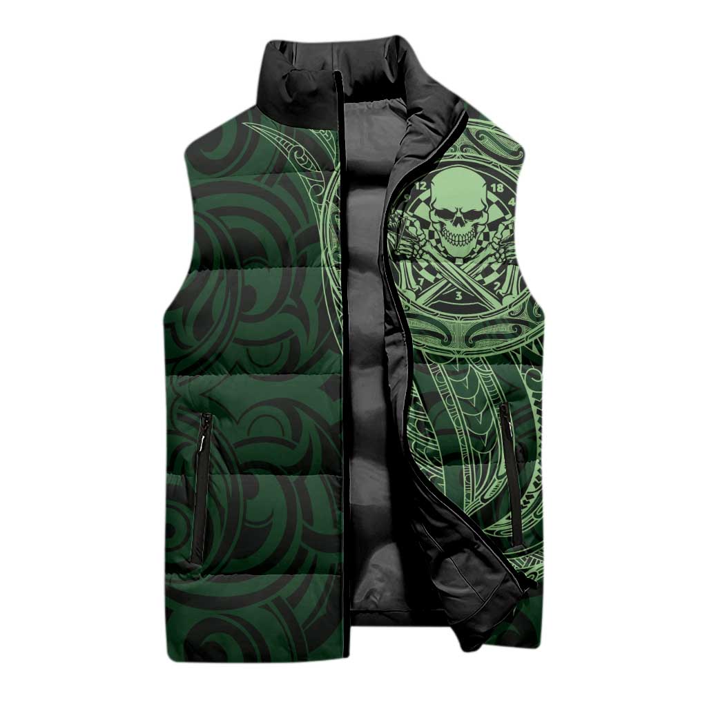 New Zealand Skull Darts Sleeveless Puffer Jacket Aotearoa Maori Chest Tattoo Stylized Green - Polynesian Pride