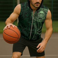 New Zealand Skull Darts Sleeveless Zip Hoodie Aotearoa Maori Chest Tattoo Stylized Green - Polynesian Pride