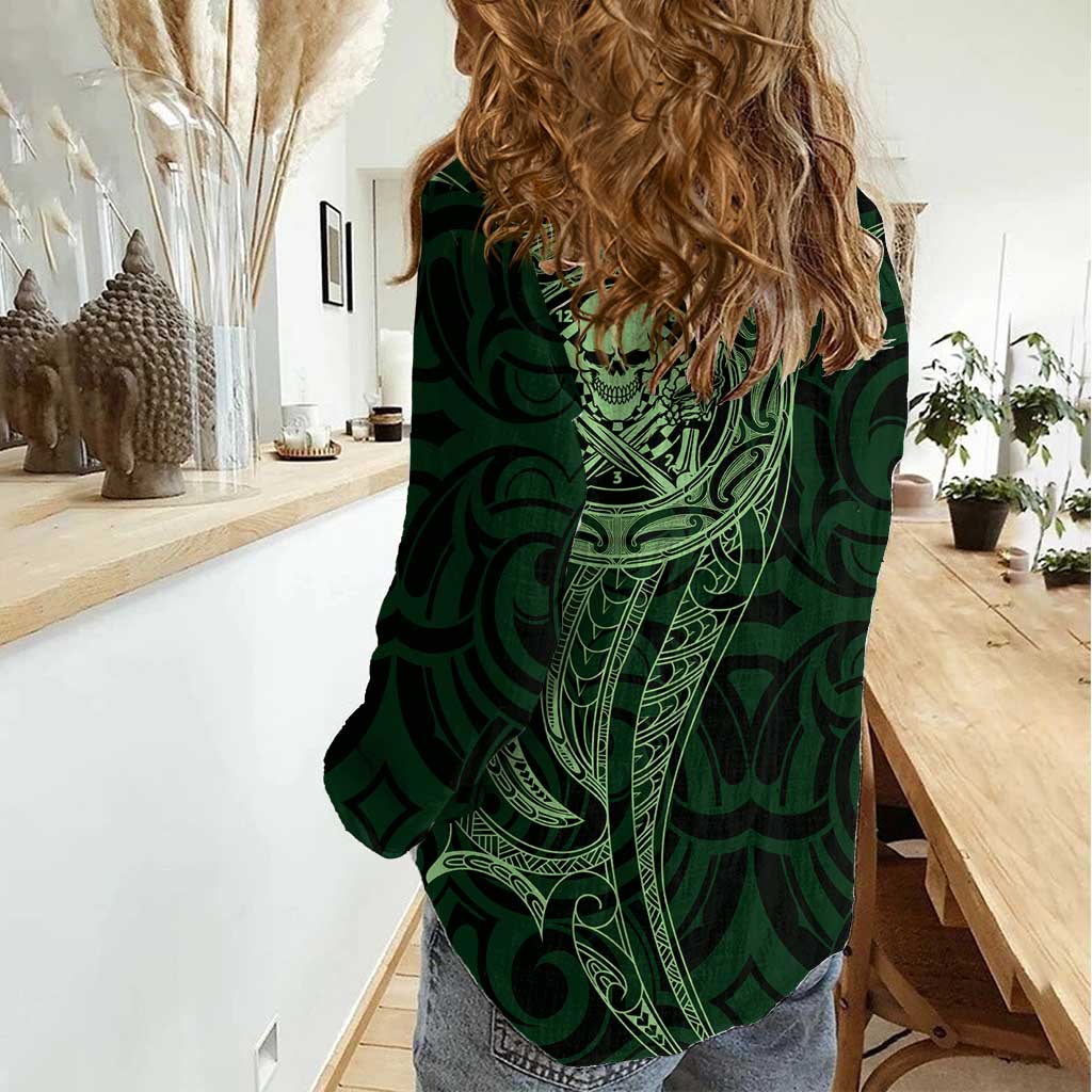 New Zealand Skull Darts Women Casual Shirt Aotearoa Maori Chest Tattoo Stylized Green LT14 - Polynesian Pride