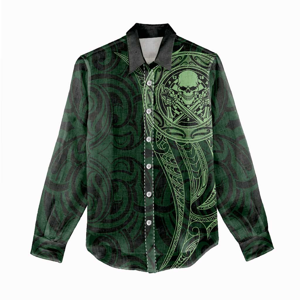New Zealand Skull Darts Women Casual Shirt Aotearoa Maori Chest Tattoo Stylized Green LT14 - Polynesian Pride
