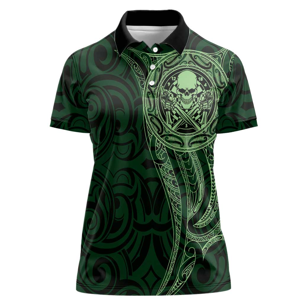 New Zealand Skull Darts Women Polo Shirt Aotearoa Maori Chest Tattoo Stylized Green LT14 Female Green - Polynesian Pride