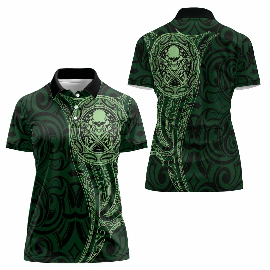 New Zealand Skull Darts Women Polo Shirt Aotearoa Maori Chest Tattoo Stylized Green LT14 - Polynesian Pride