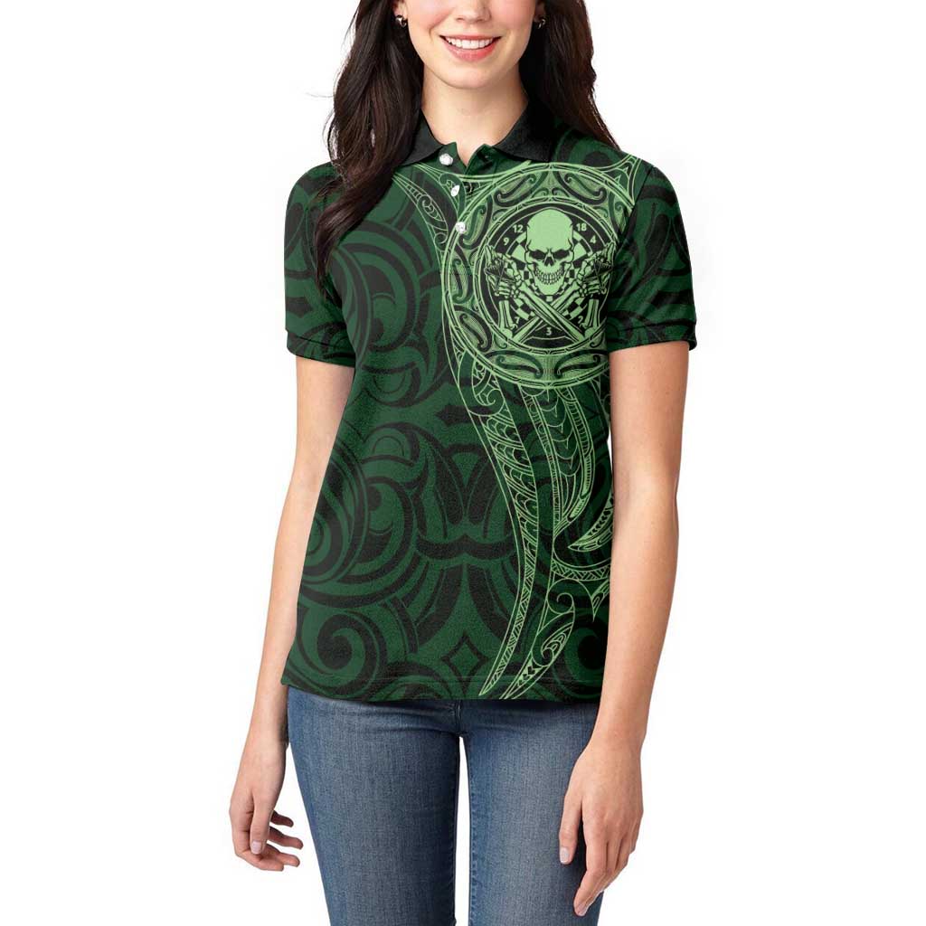 New Zealand Skull Darts Women Polo Shirt Aotearoa Maori Chest Tattoo Stylized Green LT14 - Polynesian Pride