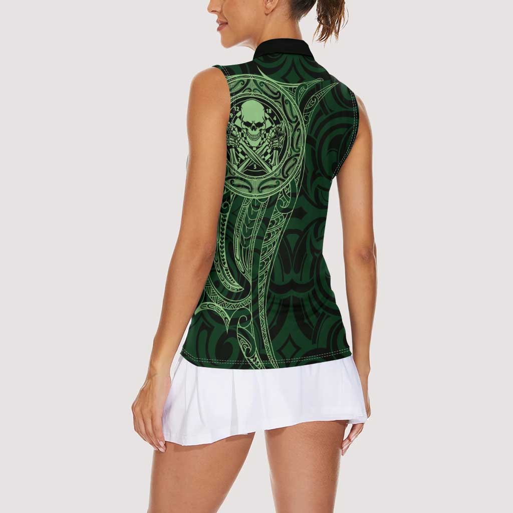 New Zealand Skull Darts Women Sleeveless Polo Shirt Aotearoa Maori Chest Tattoo Stylized Green LT14 - Polynesian Pride