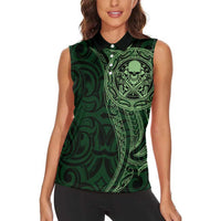 New Zealand Skull Darts Women Sleeveless Polo Shirt Aotearoa Maori Chest Tattoo Stylized Green LT14 - Polynesian Pride
