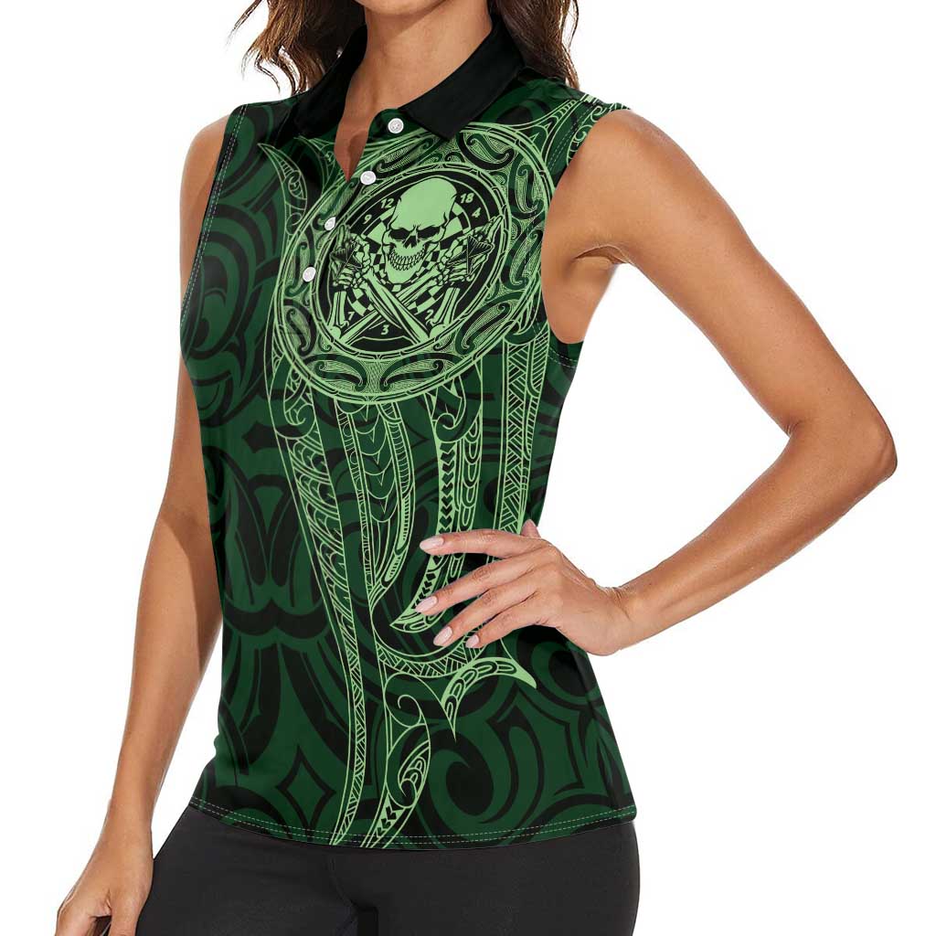 New Zealand Skull Darts Women Sleeveless Polo Shirt Aotearoa Maori Chest Tattoo Stylized Green LT14 - Polynesian Pride