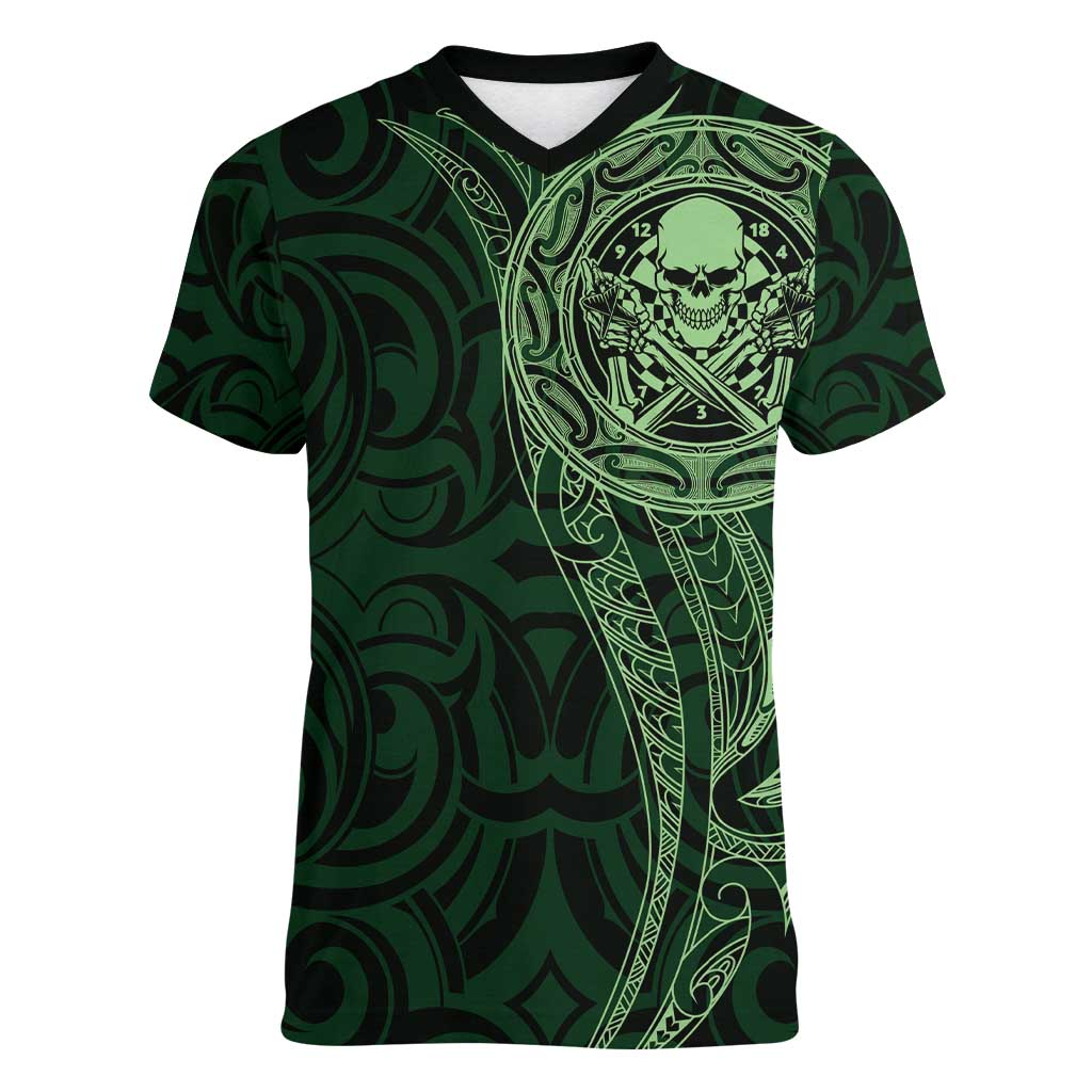New Zealand Skull Darts Women V-Neck T-Shirt Aotearoa Maori Chest Tattoo Stylized Green LT14 Female Green - Polynesian Pride