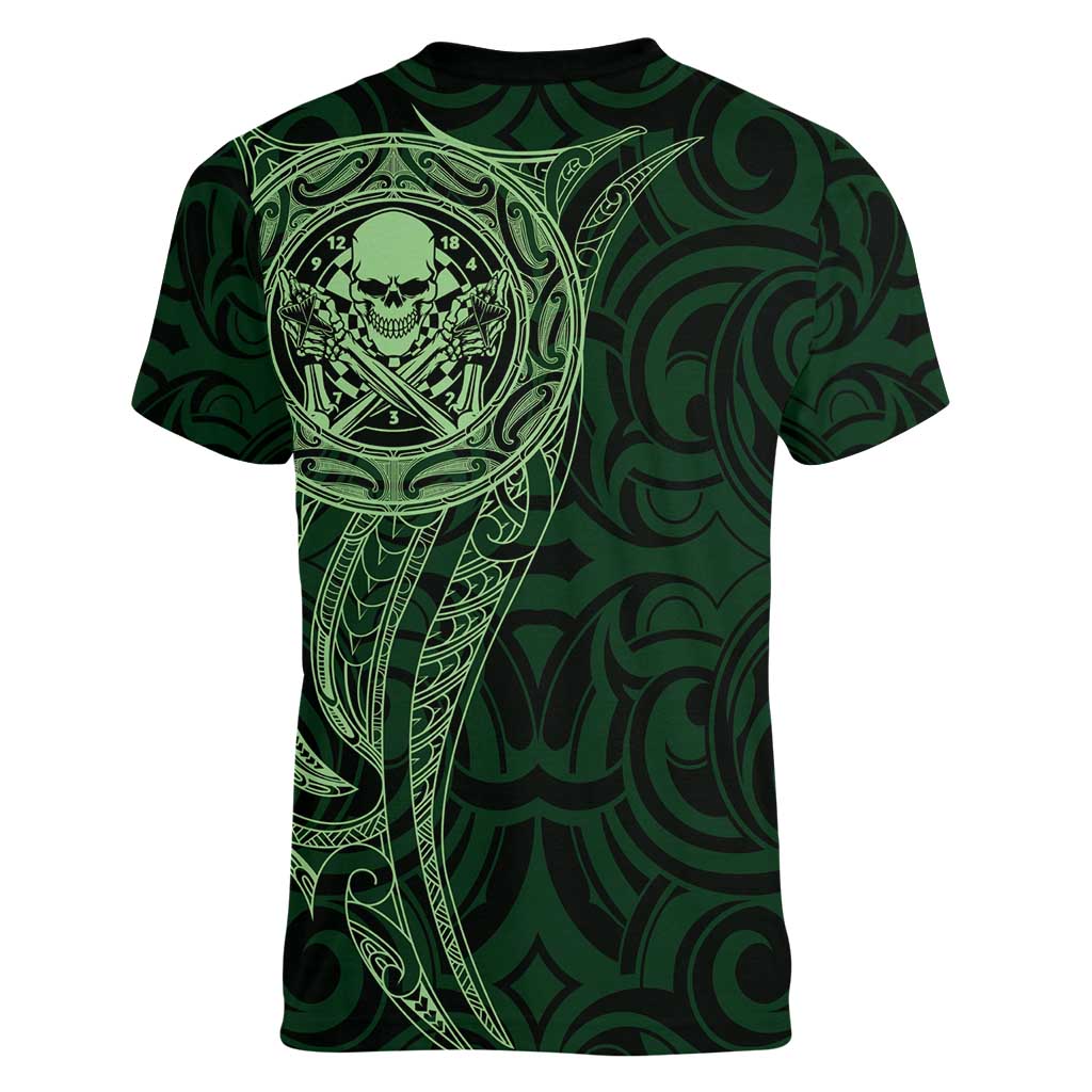 New Zealand Skull Darts Women V-Neck T-Shirt Aotearoa Maori Chest Tattoo Stylized Green LT14 - Polynesian Pride