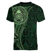 New Zealand Skull Darts Women V-Neck T-Shirt Aotearoa Maori Chest Tattoo Stylized Green LT14 - Polynesian Pride