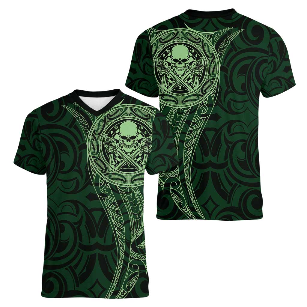 New Zealand Skull Darts Women V-Neck T-Shirt Aotearoa Maori Chest Tattoo Stylized Green LT14 - Polynesian Pride