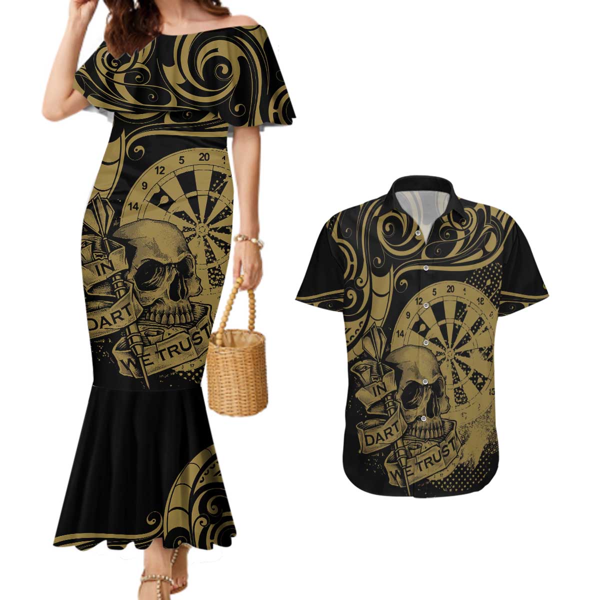 New Zealand Darts Couples Matching Mermaid Dress and Hawaiian Shirt Skull In Dart We Trust Maori Pattern - Polynesian Pride