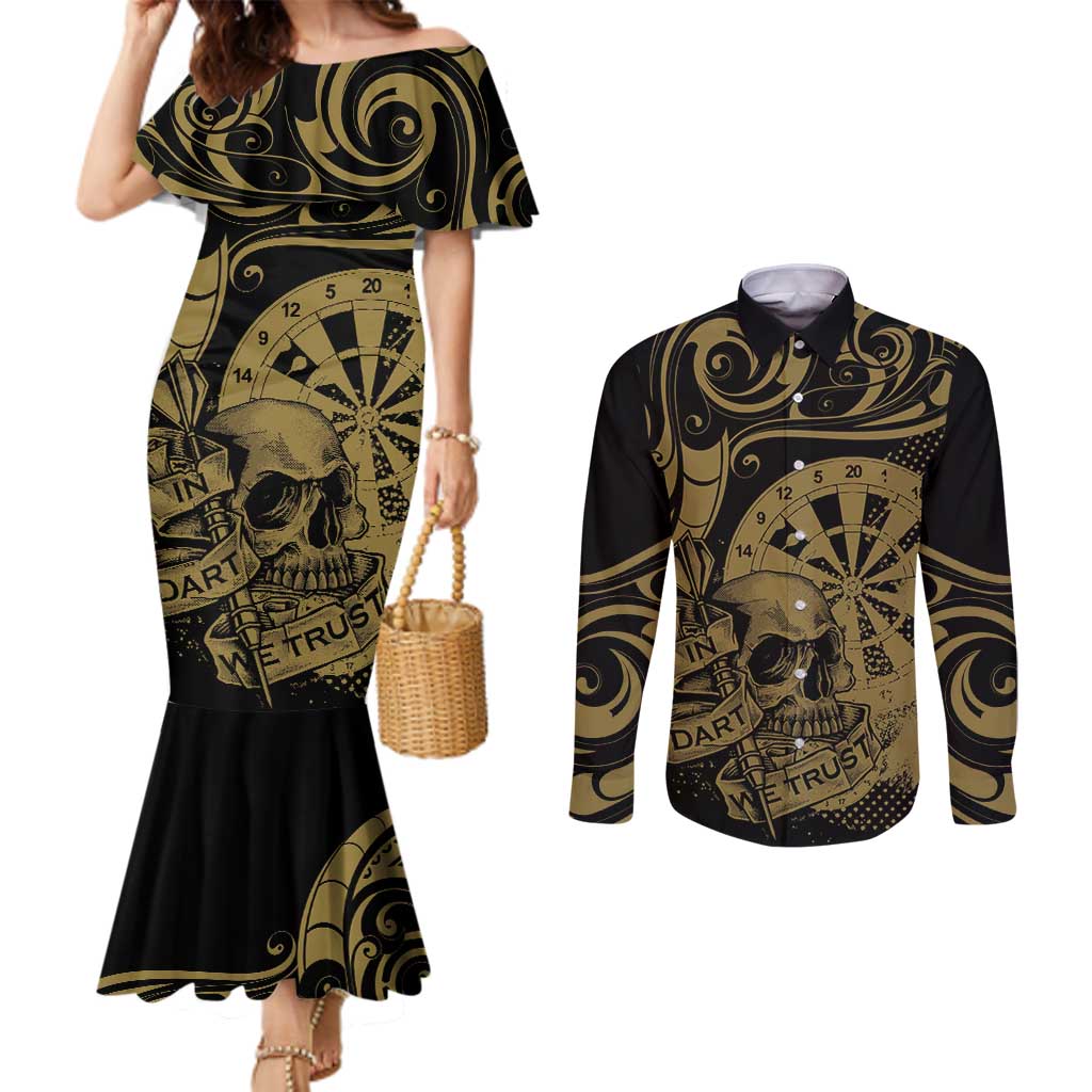 New Zealand Darts Couples Matching Mermaid Dress and Long Sleeve Button Shirt Skull In Dart We Trust Maori Pattern - Polynesian Pride